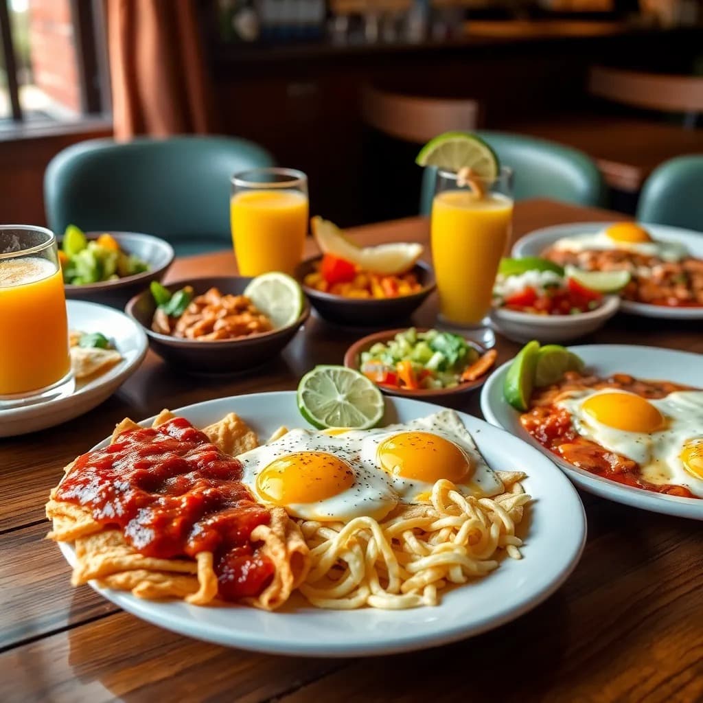 Mexican breakfast spread with chilaquiles and fresh juice