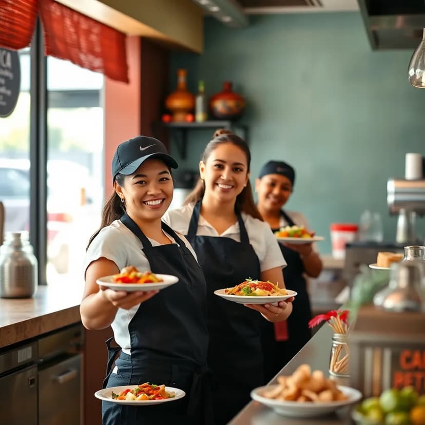 Friendly staff serving food